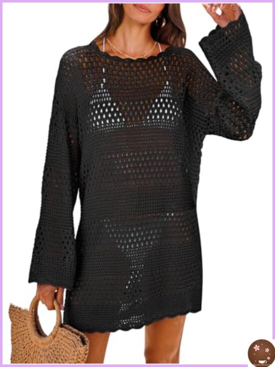 Other - Crochet Knit Swim Cover Up Dress Long Sleeve Beach Vacation Outfit